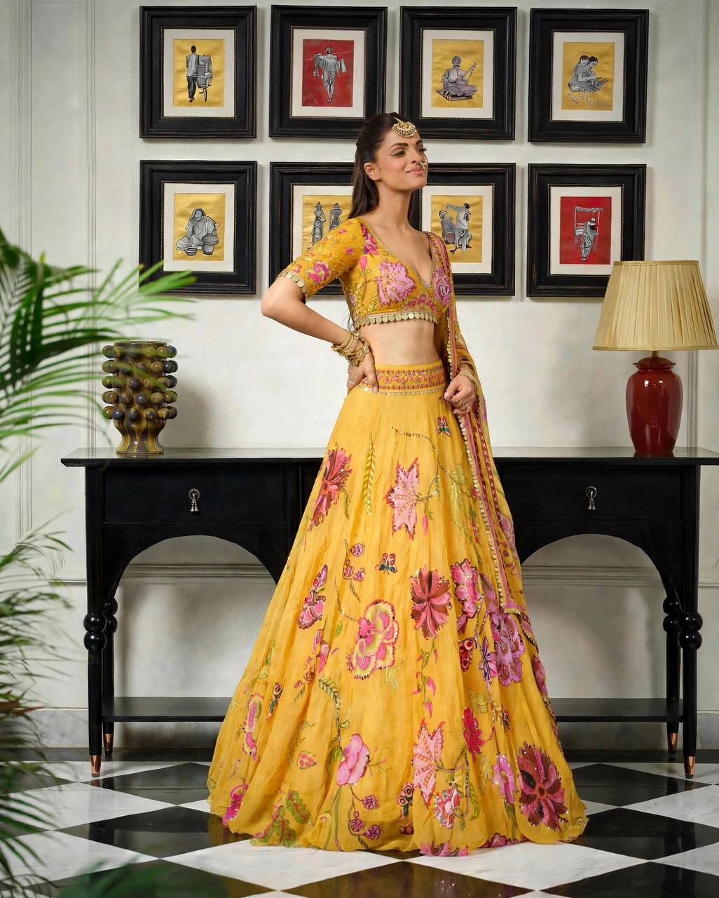 Mustard Yellow Floral Digital Print Georgette Lehenga Choli Sequins Work Haldi