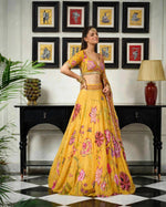Mustard Yellow Floral Digital Print Georgette Lehenga Choli Sequins Work Haldi