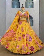 Mustard Yellow Floral Digital Print Georgette Lehenga Choli Sequins Work Haldi