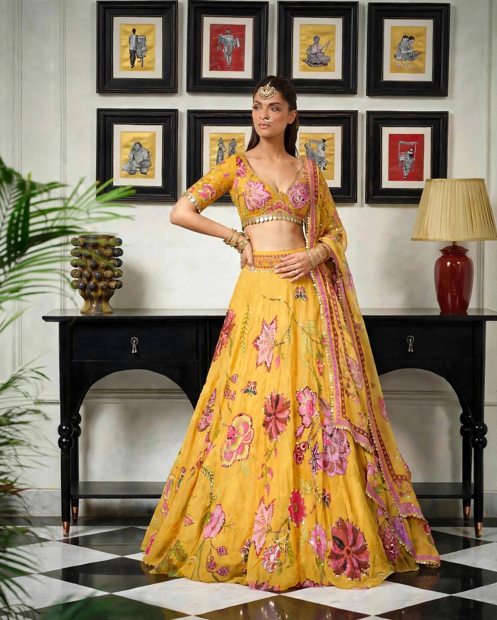 Mustard Yellow Floral Digital Print Georgette Lehenga Choli Sequins Work Haldi