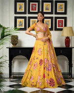 Mustard Yellow Floral Digital Print Georgette Lehenga Choli Sequins Work Haldi