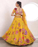 Mustard Yellow Floral Digital Print Georgette Lehenga Choli Sequins Work Haldi