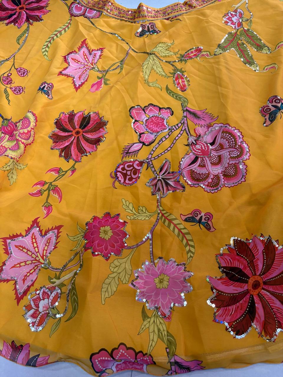 Mustard Yellow Floral Digital Print Georgette Lehenga Choli Sequins Work Haldi