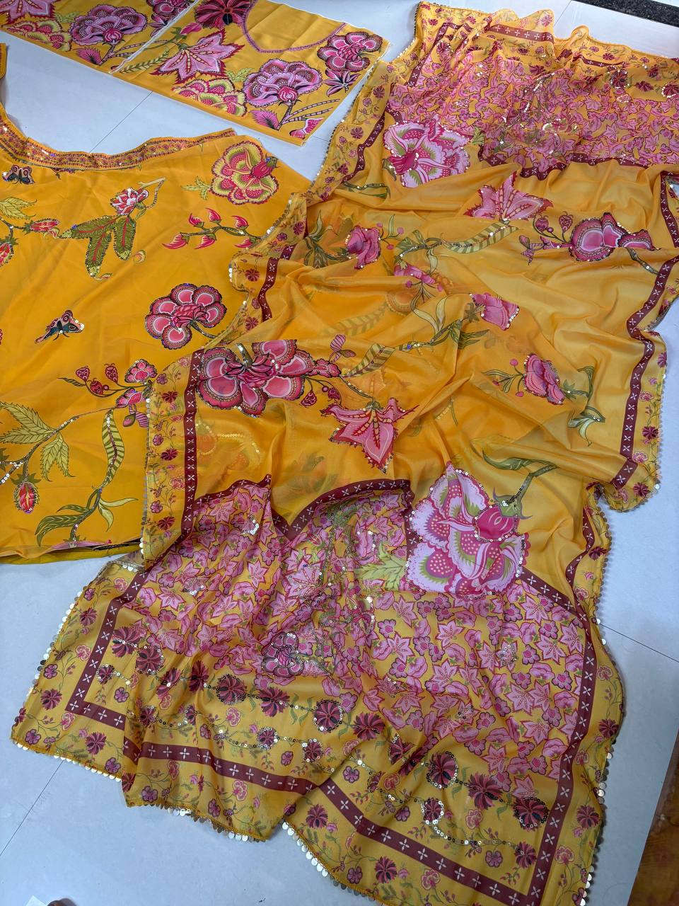 Mustard Yellow Floral Digital Print Georgette Lehenga Choli Sequins Work Haldi