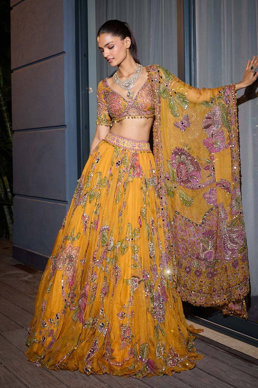 Mustard Yellow Floral Digital Print Georgette Lehenga Choli Sequins Work Haldi