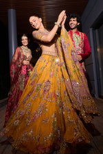 Mustard Yellow Floral Digital Print Georgette Lehenga Choli Sequins Work Haldi