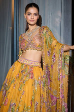 Mustard Yellow Floral Digital Print Georgette Lehenga Choli Sequins Work Haldi