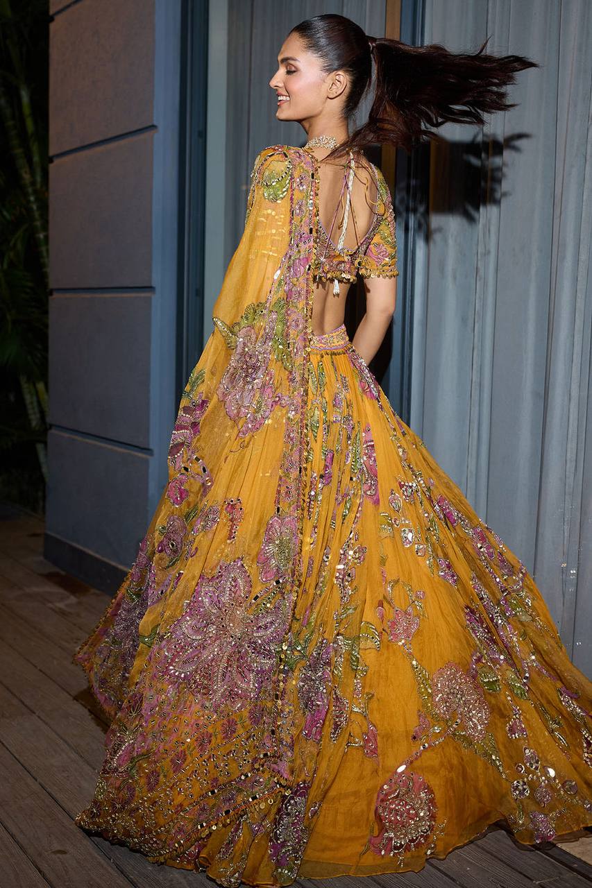 Mustard Yellow Floral Digital Print Georgette Lehenga Choli Sequins Work Haldi