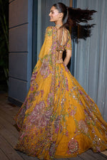 Mustard Yellow Floral Digital Print Georgette Lehenga Choli Sequins Work Haldi