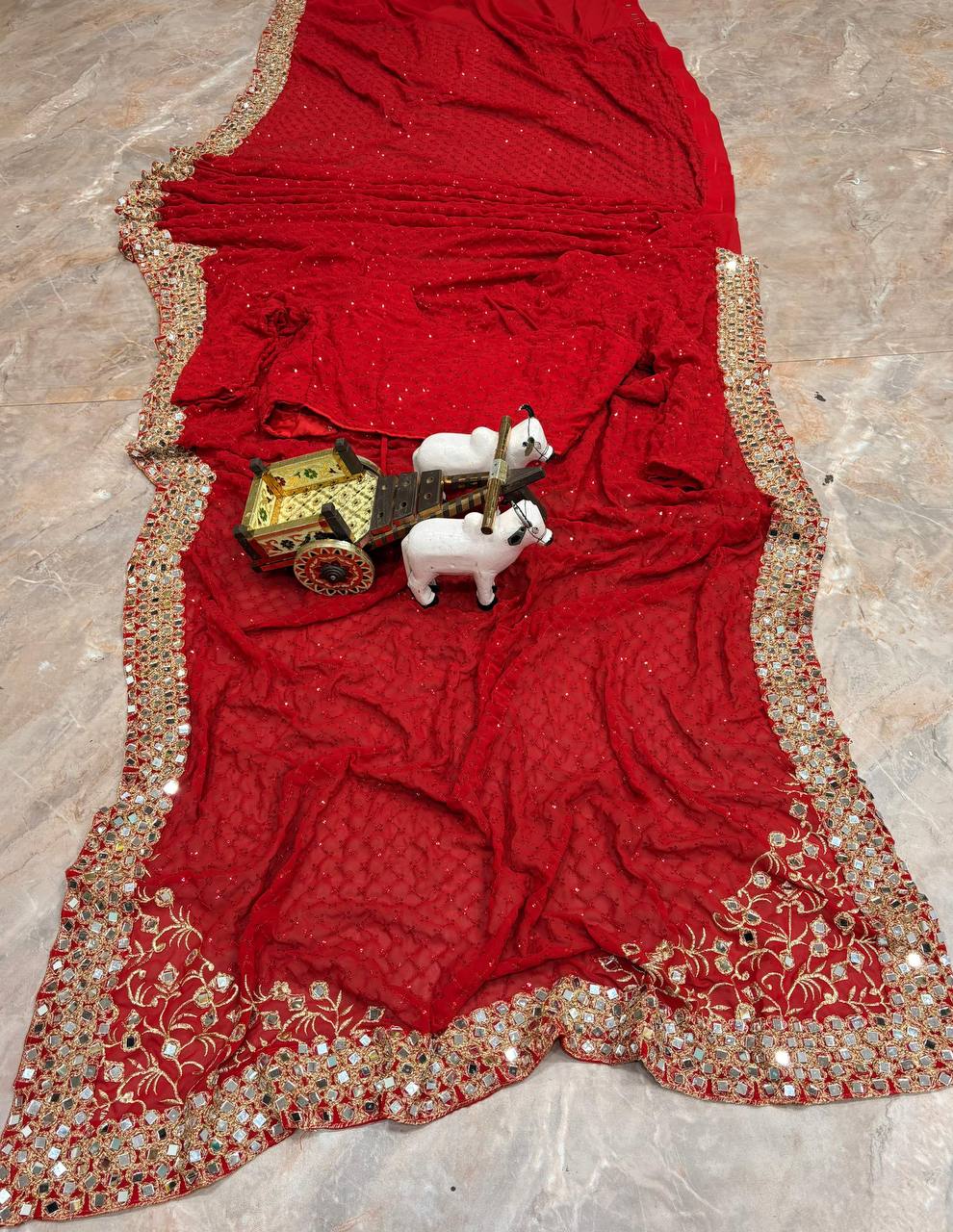 Red Faux Georgette Saree Embroidery Sequins Real Mirror Work Border with Blouse