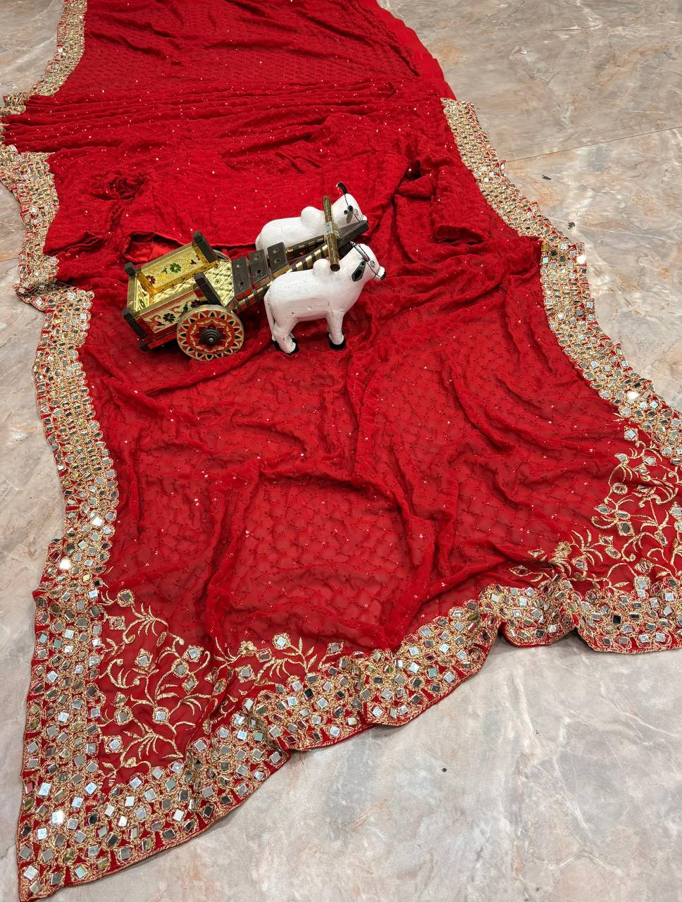 Red Faux Georgette Saree Embroidery Sequins Real Mirror Work Border with Blouse