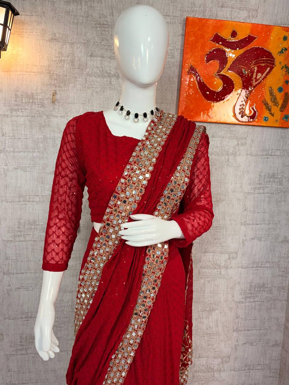 Red Faux Georgette Saree Embroidery Sequins Real Mirror Work Border with Blouse