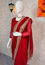 Red Faux Georgette Saree Embroidery Sequins Real Mirror Work Border with Blouse