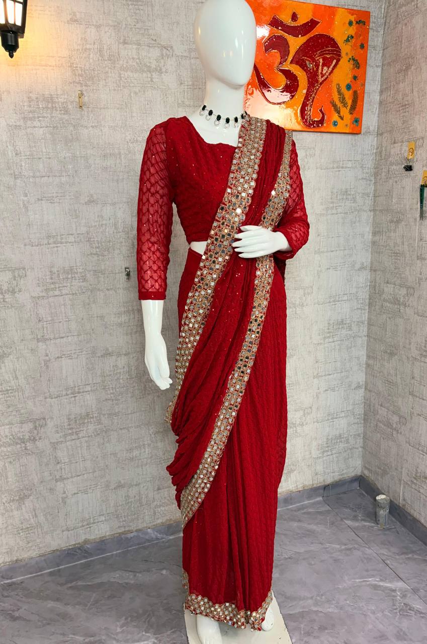 Red Faux Georgette Saree Embroidery Sequins Real Mirror Work Border with Blouse