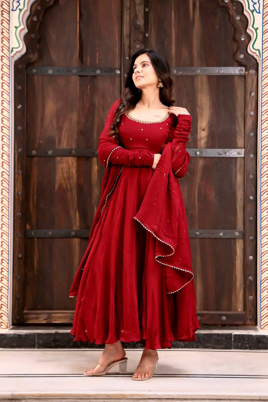 Maroon Faux Georgette Anarkali Suit with Pant Dupatta Hand Work 6.5 Mtr Flair
