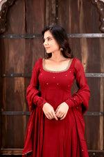 Maroon Faux Georgette Anarkali Suit with Pant Dupatta Hand Work 6.5 Mtr Flair