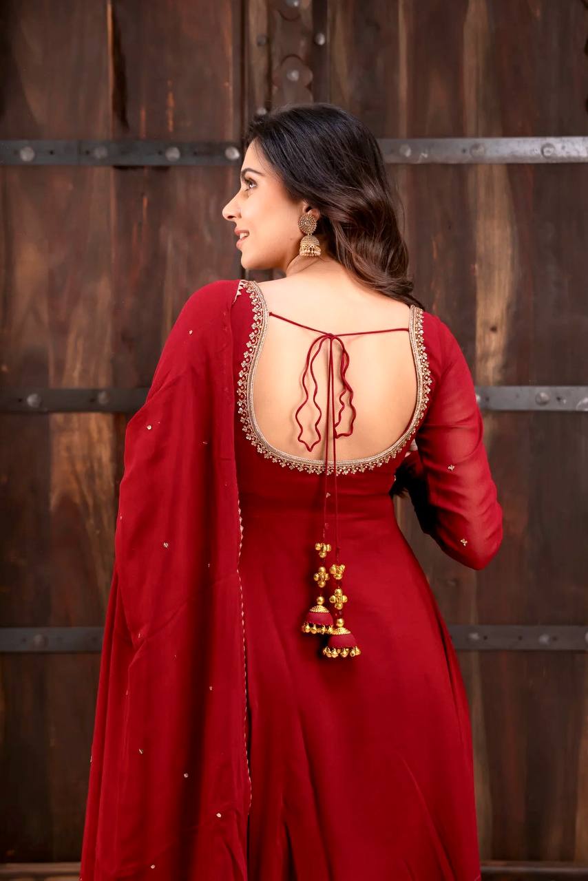 Maroon Faux Georgette Anarkali Suit with Pant Dupatta Hand Work 6.5 Mtr Flair