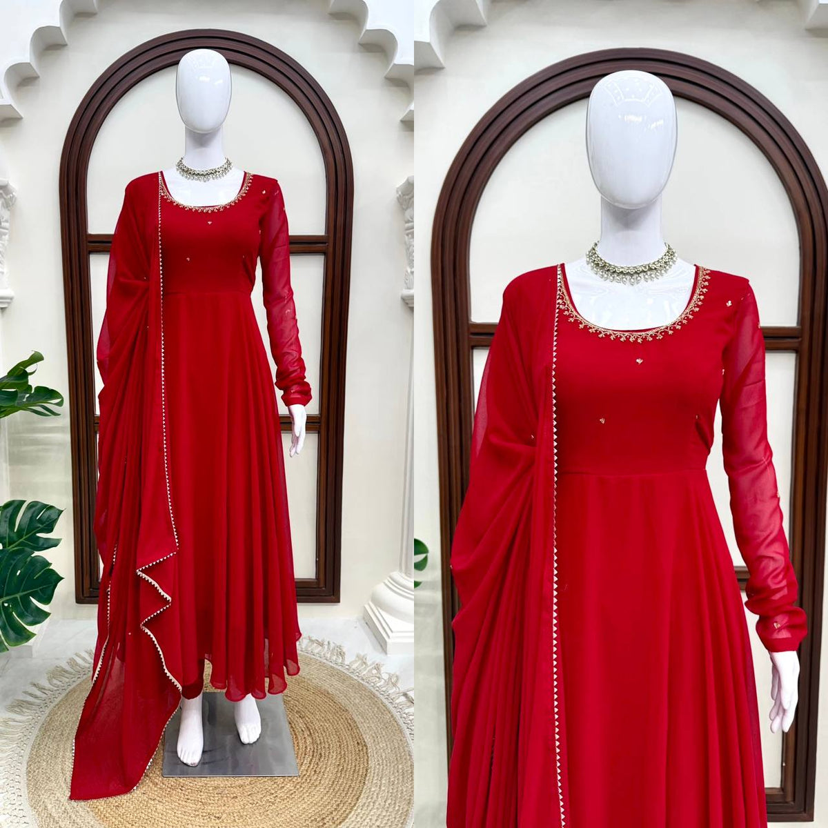 Maroon Faux Georgette Anarkali Suit with Pant Dupatta Hand Work 6.5 Mtr Flair