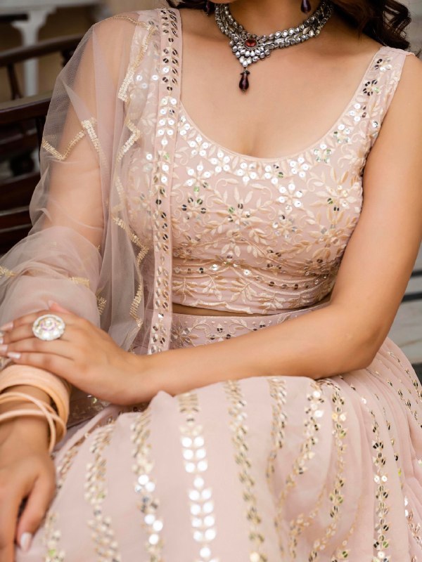 Peach Faux Georgette Lehenga Choli Zari Sequence Embroidery Work Semi Stitched