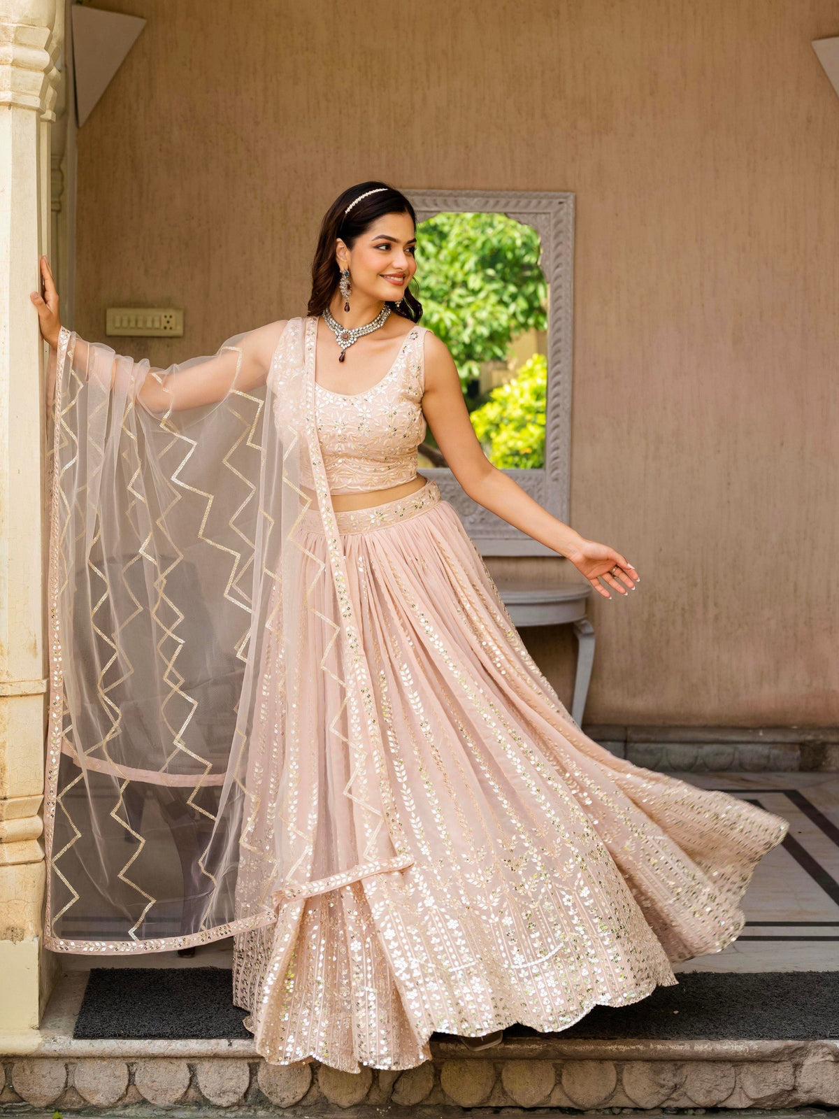 Peach Faux Georgette Lehenga Choli Zari Sequence Embroidery Work Semi Stitched
