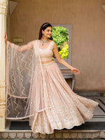 Peach Faux Georgette Lehenga Choli Zari Sequence Embroidery Work Semi Stitched