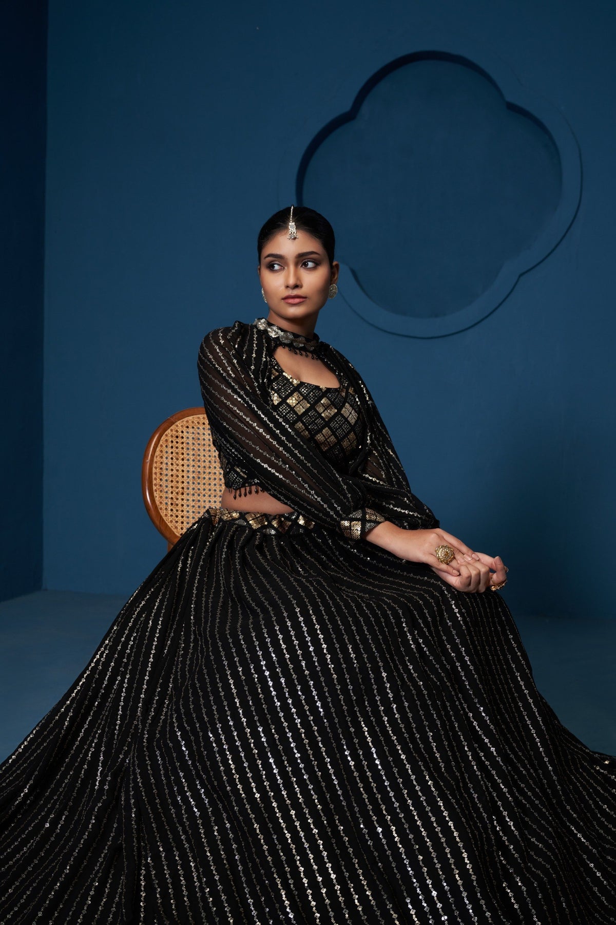 Black Georgette Lehenga Choli Sequins Zari Work Choker Sleeves Semi Stitched