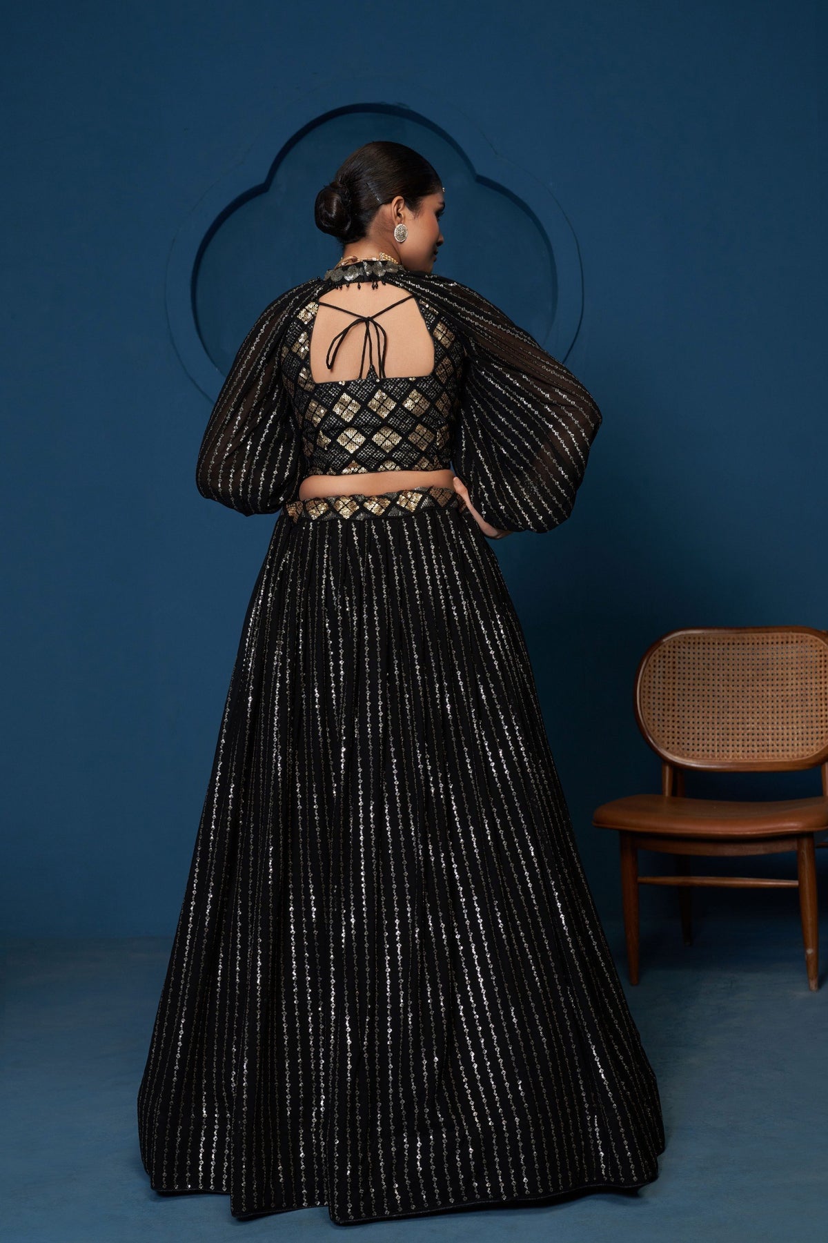 Black Georgette Lehenga Choli Sequins Zari Work Choker Sleeves Semi Stitched