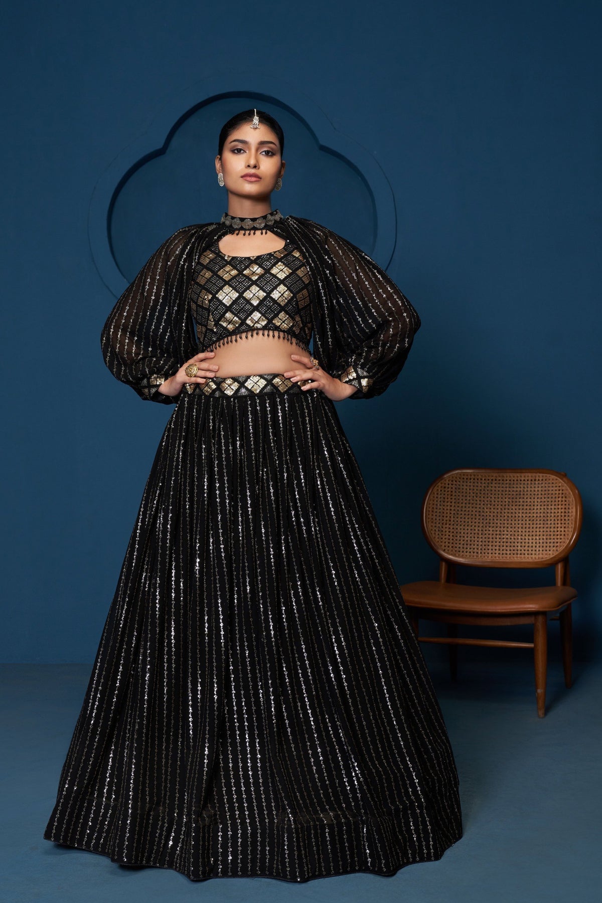 Black Georgette Lehenga Choli Sequins Zari Work Choker Sleeves Semi Stitched