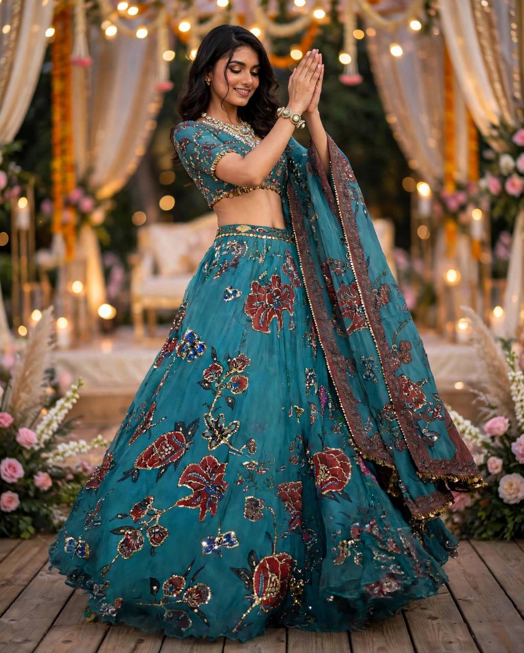 Teal Blue Floral Digital Print Georgette Lehenga Choli Sequins Work Semi Stitched