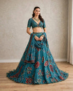 Teal Blue Floral Digital Print Georgette Lehenga Choli Sequins Work Semi Stitched