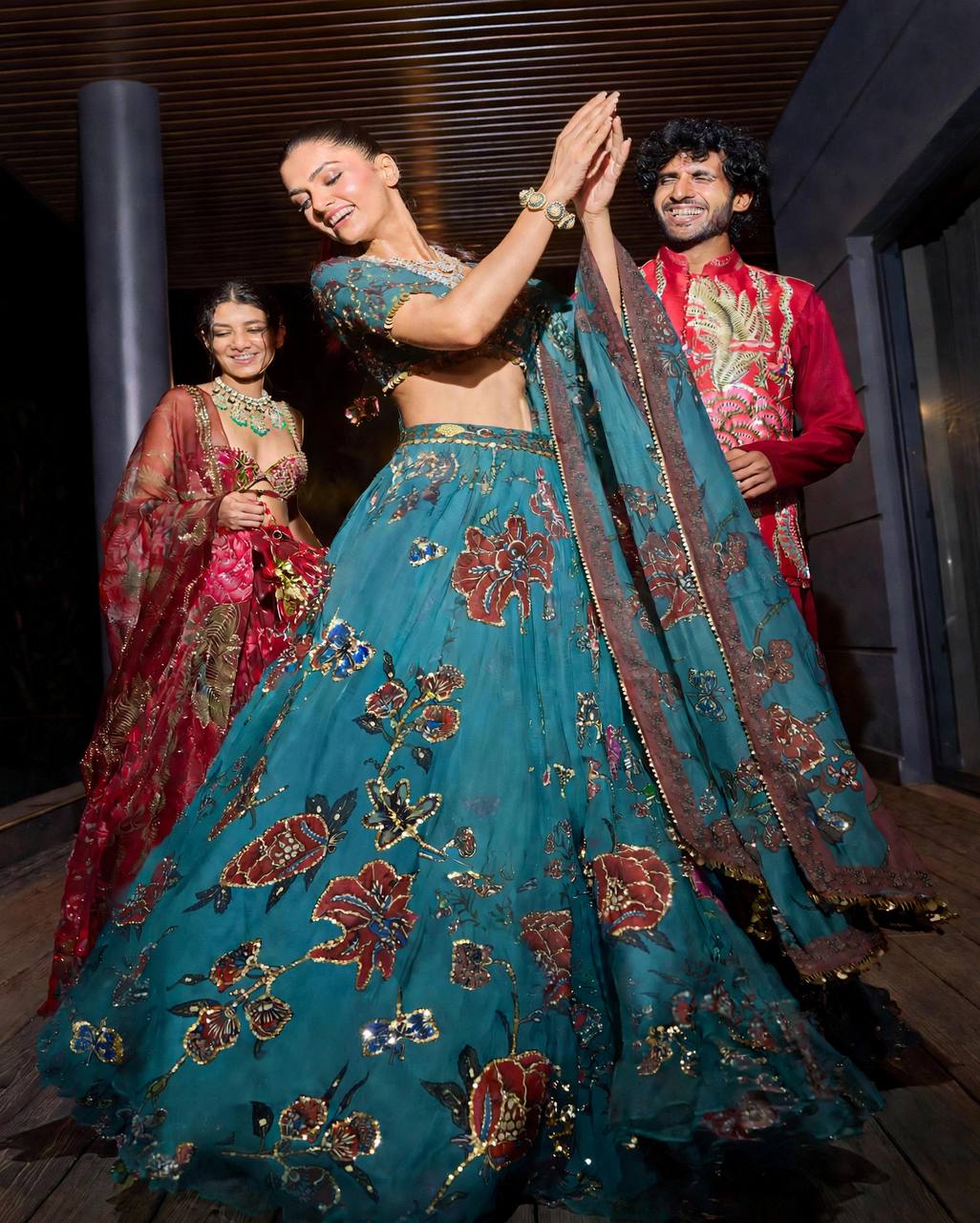 Teal Blue Floral Digital Print Georgette Lehenga Choli Sequins Work Semi Stitched
