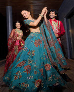 Teal Blue Floral Digital Print Georgette Lehenga Choli Sequins Work Semi Stitched