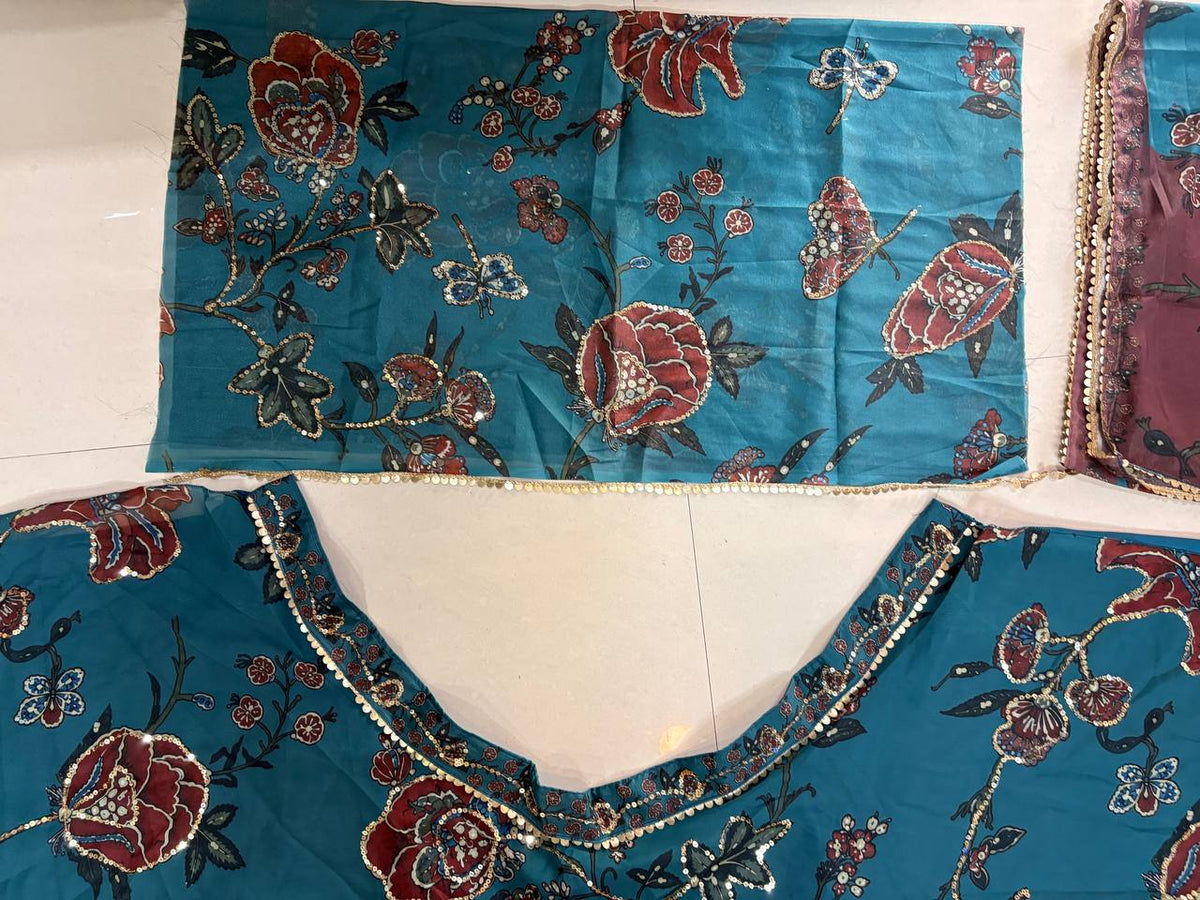Teal Blue Floral Digital Print Georgette Lehenga Choli Sequins Work Semi Stitched