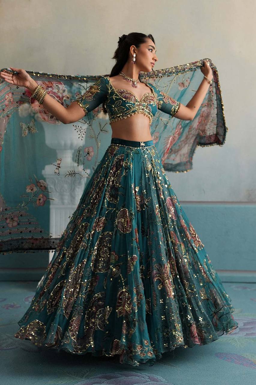 Teal Blue Floral Digital Print Georgette Lehenga Choli Sequins Work Semi Stitched