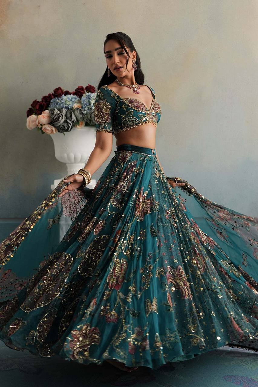 Teal Blue Floral Digital Print Georgette Lehenga Choli Sequins Work Semi Stitched