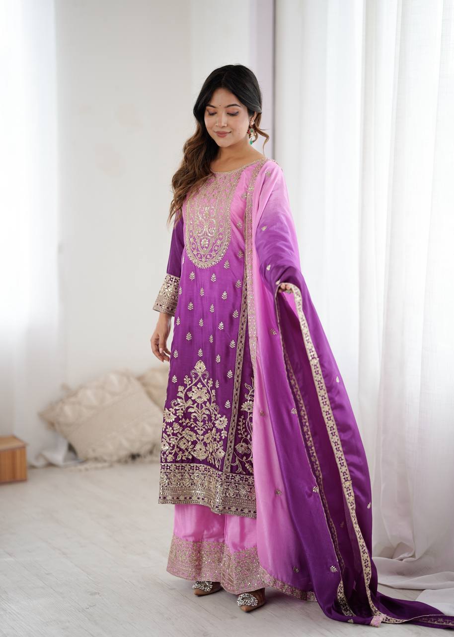 Purple Pink Shaded Chinon Silk Kurti Plazzo Dupatta Set Dori Sequence Work
