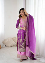 Purple Pink Shaded Chinon Silk Kurti Plazzo Dupatta Set Dori Sequence Work