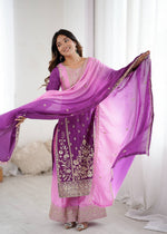 Purple Pink Shaded Chinon Silk Kurti Plazzo Dupatta Set Dori Sequence Work