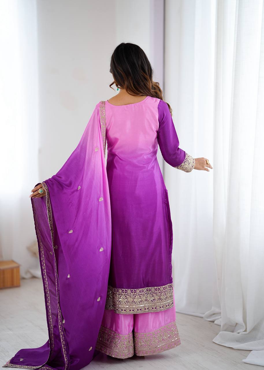 Purple Pink Shaded Chinon Silk Kurti Plazzo Dupatta Set Dori Sequence Work