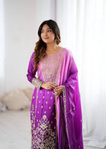 Purple Pink Shaded Chinon Silk Kurti Plazzo Dupatta Set Dori Sequence Work