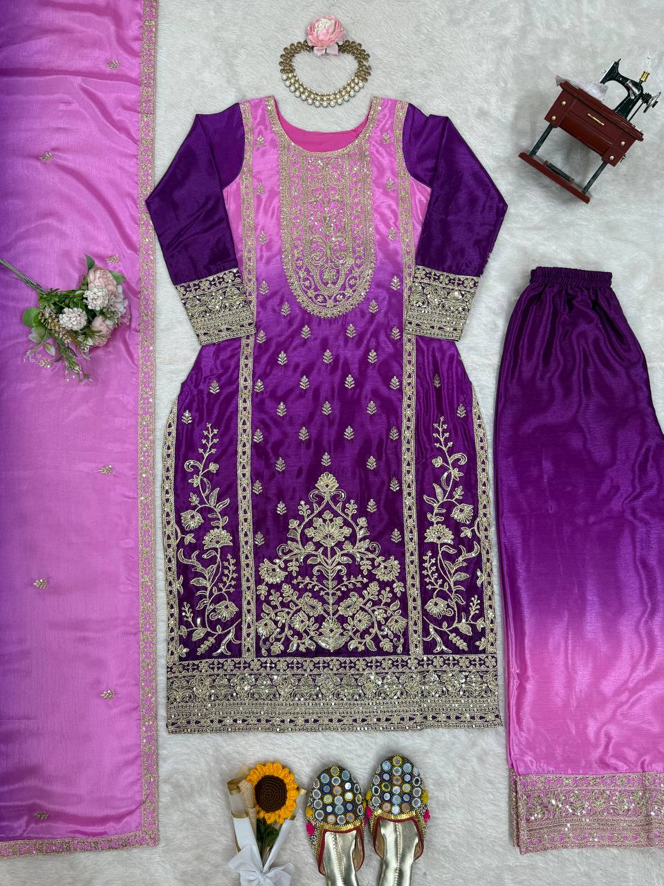 Purple Pink Shaded Chinon Silk Kurti Plazzo Dupatta Set Dori Sequence Work