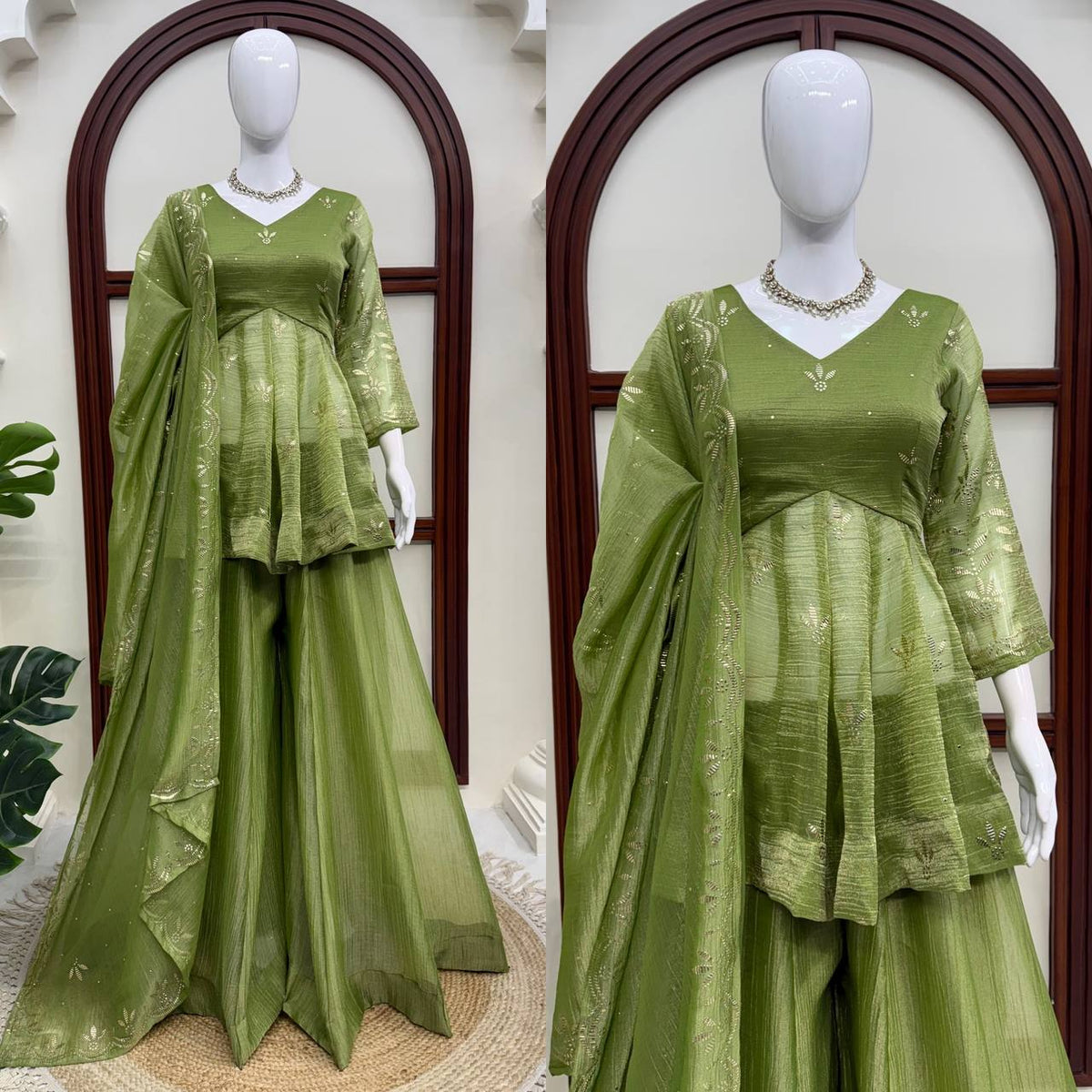 Parrot Green Salsa Silk Top Plazzo Dupatta Set Mukesh Work Ready to Wear