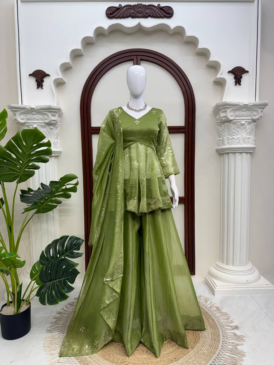 Parrot Green Salsa Silk Top Plazzo Dupatta Set Mukesh Work Ready to Wear