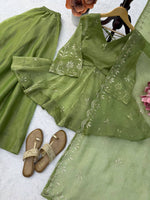 Parrot Green Salsa Silk Top Plazzo Dupatta Set Mukesh Work Ready to Wear