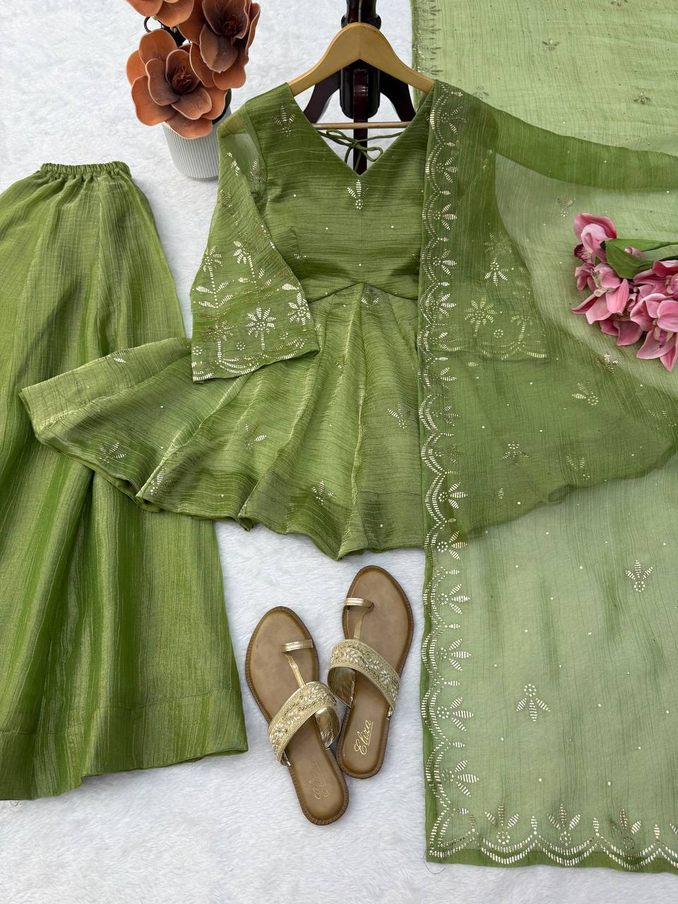 Parrot Green Salsa Silk Top Plazzo Dupatta Set Mukesh Work Ready to Wear
