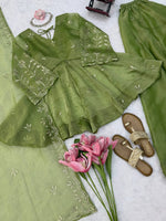 Parrot Green Salsa Silk Top Plazzo Dupatta Set Mukesh Work Ready to Wear