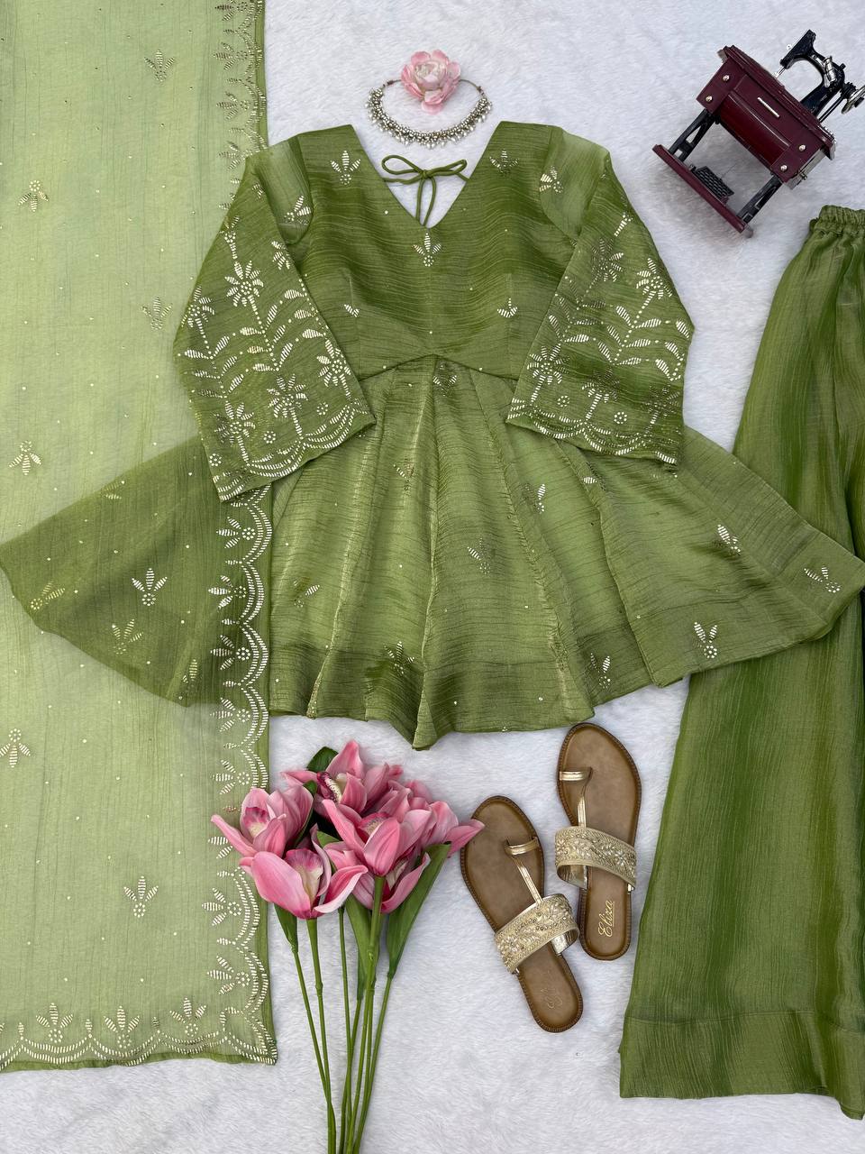 Parrot Green Salsa Silk Top Plazzo Dupatta Set Mukesh Work Ready to Wear