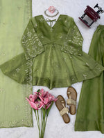 Parrot Green Salsa Silk Top Plazzo Dupatta Set Mukesh Work Ready to Wear