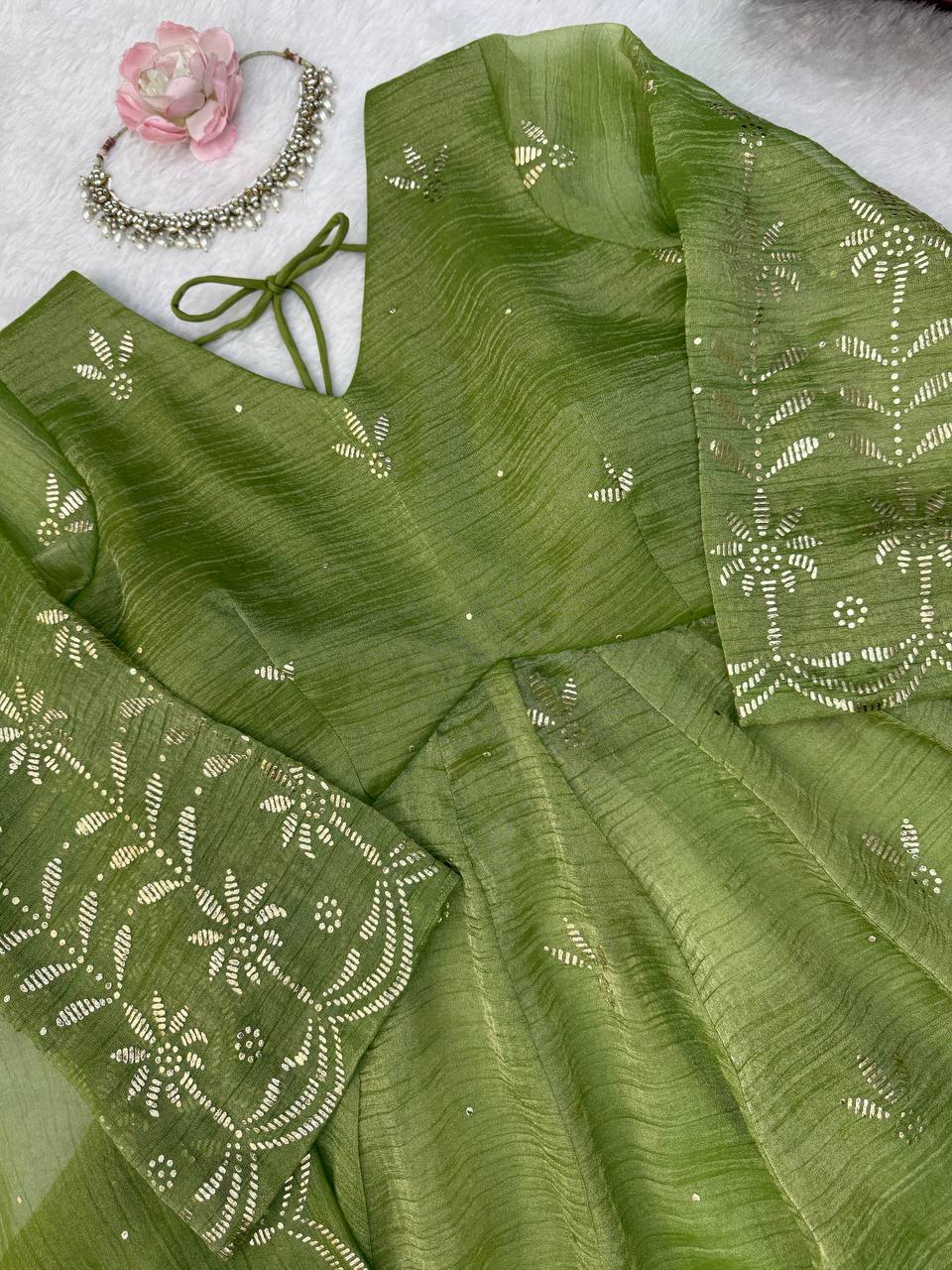 Parrot Green Salsa Silk Top Plazzo Dupatta Set Mukesh Work Ready to Wear