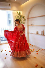 Red Georgette Anarkali Suit with Pant Dupatta Thread Sequence Work Karwa Chauth
